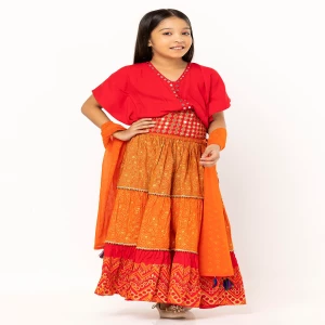 Red Embroidered Linen Ghagra Choli Set